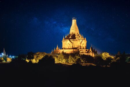 The old pagoda in bagan on the background of milky way at night scene, Bagan Myanmarの写真素材