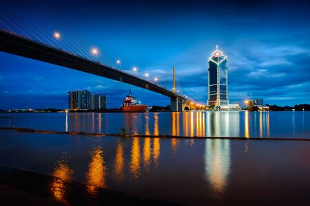 Rama 9 bridge Chaopraya river at dusk, Bangkok Thailandの写真素材