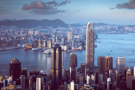 Hong Kong skyline day time at Victoria peak, Hong Kong Chinaの写真素材