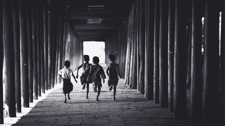 Children runing in the old temple, Salay Bagan Myanmarの写真素材
