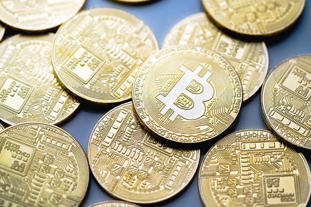 Closeup gold bitcoins, Cryptocurrency business conceptの写真素材