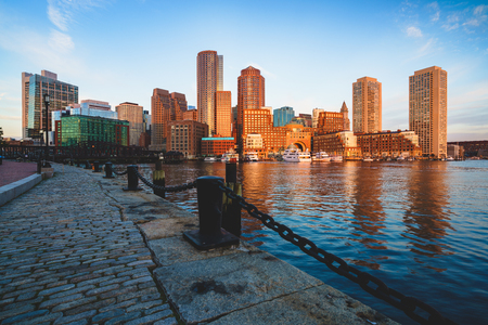 Boston harbor at sunrise, Boston Massachusetts USAの写真素材