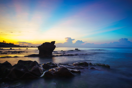 Strange rocks and moss in the morning at Co Thach beach tuy phong, Binh thuan province Vietnamの写真素材