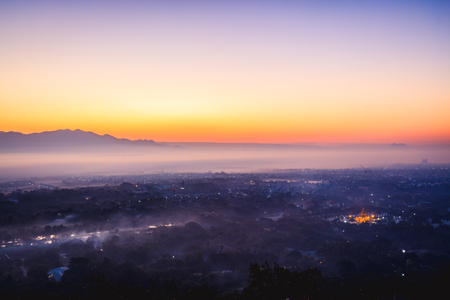 Beautiful scenery during sunrise of top view at Mandalay hill, Mandalay Myanmarの写真素材
