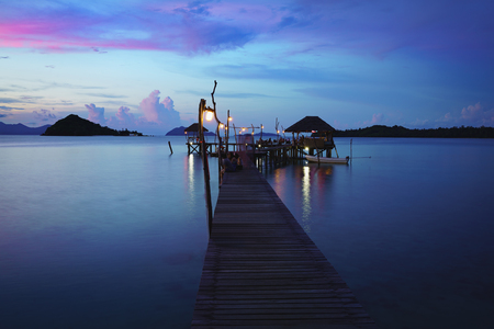 Wooden bridge at dusk Koh Mak, Trat Thailandの写真素材