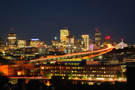 Boston city skyline with Boston bridges and highways at dusk, Boston Massachusetts USAの写真素材