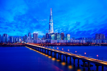 Seoul subway and Seoul city skyline at Han river, Seoul South Koreaの写真素材