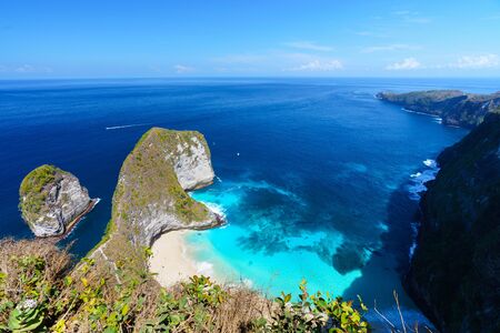 Aerial view of Kelingking beach (Manta bay) is one of the most famous and beautiful spot in Nusa Penida, island near Bali. Indonesia.の写真素材