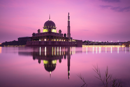 Putra mosque during sunrise with reflection, Malaysiaのeditorial素材