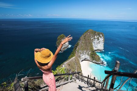 Aerial view of Kelingking beach (Manta bay) is one of the most famous and beautiful spot in Nusa Penida, island near Bali.の写真素材