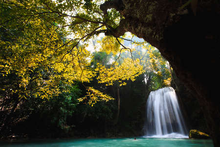 Deep forest Waterfall in Kanchanaburi, Thailandの写真素材