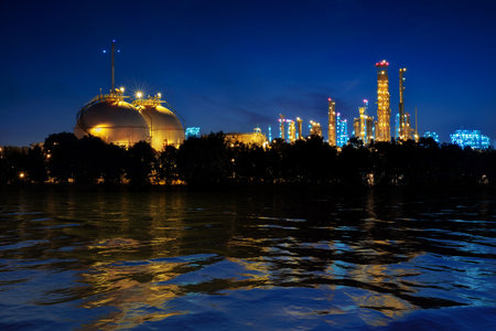 oil refinery industry with oil storage tankの写真素材