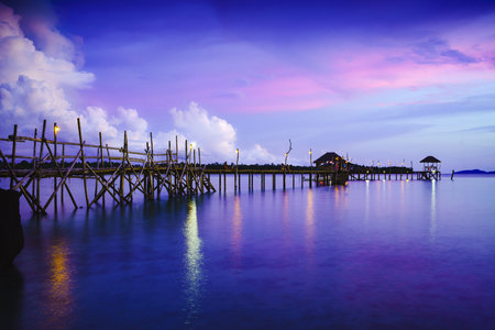 Wooden bridge at dusk Koh Mak, Trat Thailandの写真素材