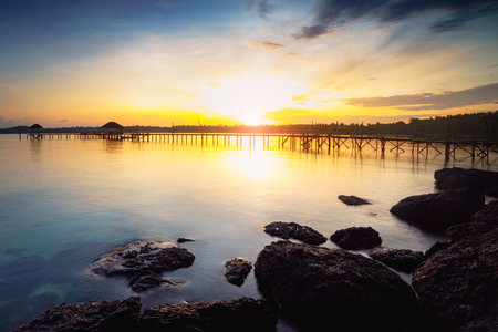 Wooden bridge at dusk, Koh Mak Trat Thailandの写真素材
