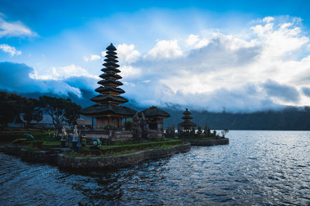 Pura Ulun Danu Bratan, Hindu temple on Bratan lake landscape, one of famous tourist attraction in Bali, Indonesiaの写真素材
