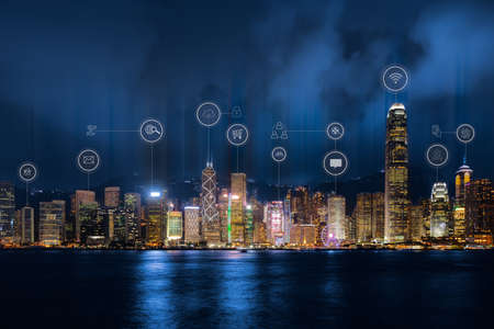 Smart city location network service and internet of things concept of Hong Kongの写真素材