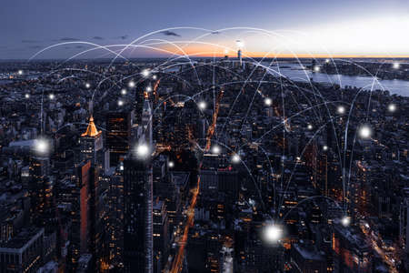 Aerial View of City Network, New York City USA, Smart City Conceptsの写真素材