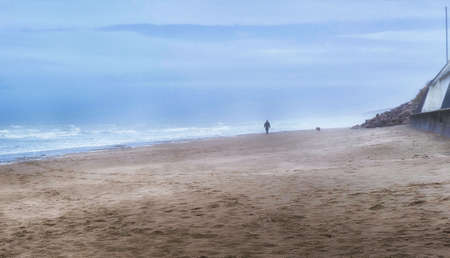 man and his dog on the beachの写真素材