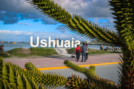 View of the Ushuaia sign in Tierra del Fuegoの写真素材