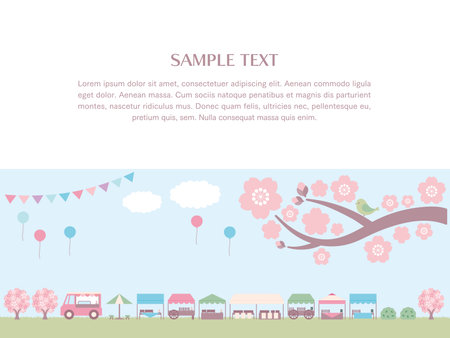 A simple background illustration of spring marche and sky and grassland. Frame with sample text. There are cherry blossoms, clouds, garland and balloons. The copy space is laid out in the upper half.のイラスト素材