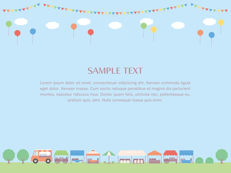 Simple background illustration of Marche, sky and grassland. Frame with sample text. There are clouds, garland and balloons.のイラスト素材