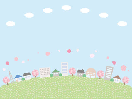 A background illustration of a simple spring cityscape. A hill-like layout.のイラスト素材