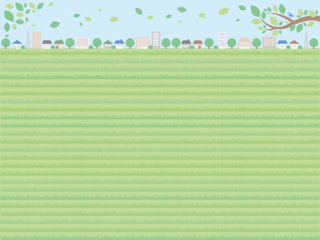 A simple background illustration of the cityscape in early summer. A distant view of the grassland.のイラスト素材