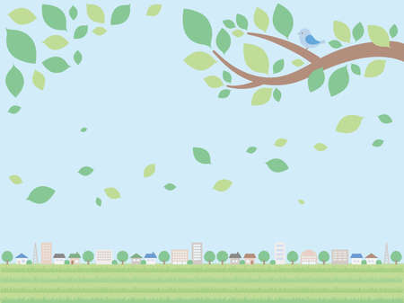 A simple background illustration of the cityscape in early summer. A distant view version where the sky spreads.のイラスト素材