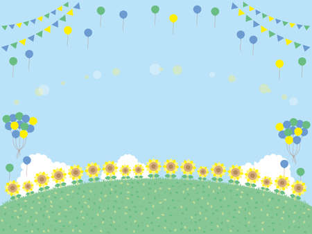 A simple background illustration of sunflowers lined up on a hill. There are garland and balloons.のイラスト素材