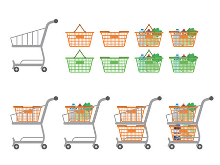 Illustration set of shopping cart and shopping basket. Simple with no main line.のイラスト素材