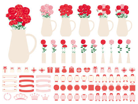 Illustration set of vases with carnations and roses. Flowers for Mother's Day.のイラスト素材