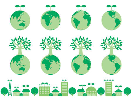 Illustration set of the green earth with sprouts and trees. Image of nature maintenance and eco.のイラスト素材