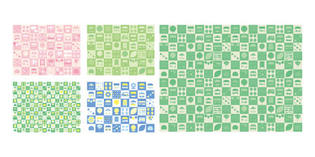 Background illustration set with flat cityscape icons aligned. Spring, early summer and summer...