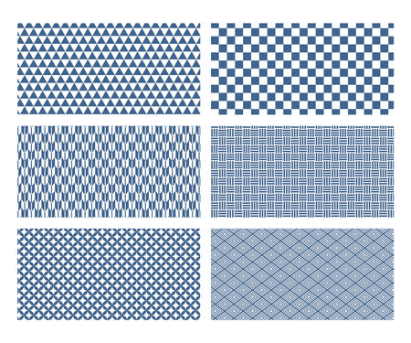 Background set of traditional Japanese patterns in navy blue. Scale, checkered, arrow-gasuri, sankakuri, cloisonne, and iriko-hishi.のイラスト素材