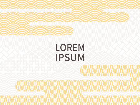 Large yellow haze with golden color. Abstract Japanese pattern background. Blue ocean waves, arrow pattern, etc.のイラスト素材