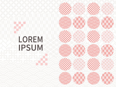 Lined circles of bright red Japanese patterns and abstract backgrounds. Blue ocean waves and checkered pattern.のイラスト素材