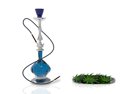3d illustration. blue glass hookah and marijuana cannabis leaf on steel tray on white background