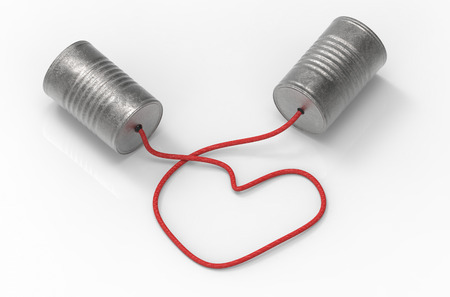 3d illustration. tin cans telephone connected by heart shape of rope. . talk and connect with love...