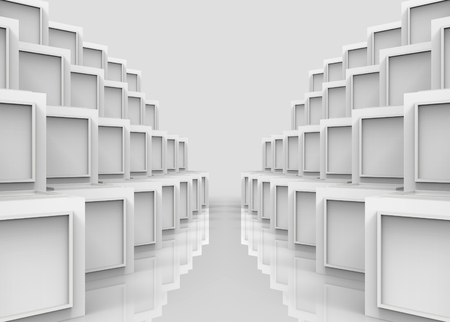 3d rendering. modern sqaure pattern on white cube boxes stack row wall background.の写真素材