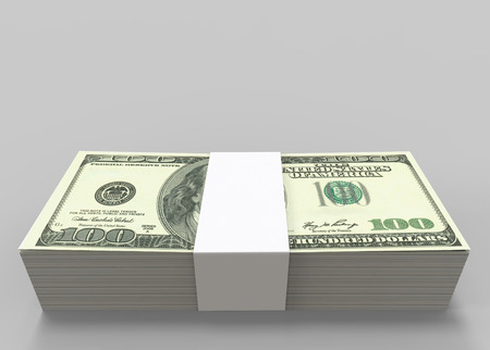 3d rendering. Usa one hundred Dollar currency banknotes stack on gray copy space background.