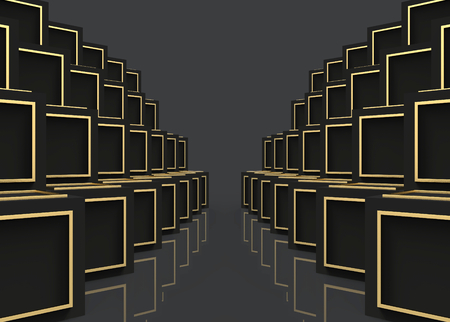 3d rendering. modern luxury golden frame on dark cube boxes stack rows  wall background.