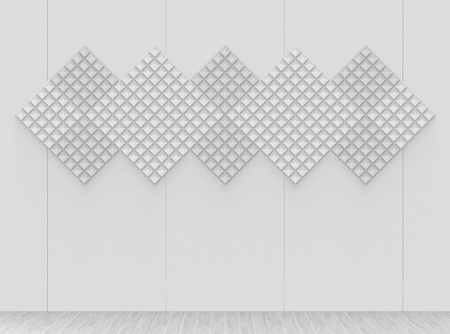 3d rendering. Square grid pattern ceramic decor on white cement wall with gray wood panel as floor.