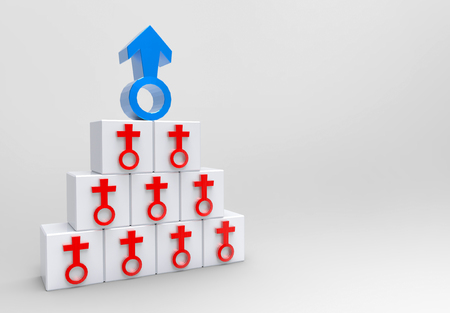 3d rendering. Stack of  a big blue male on the top of red female gender sign in the cube boxs with copy space gray background. Gender pay gap conceptの写真素材