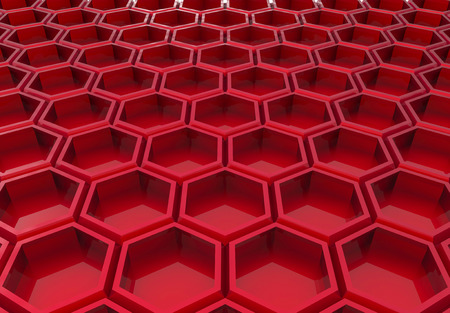 3d rendering. Stack of Luxury modern red hexagonal floor background in perspective view