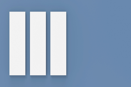 3d rendering. three white vertical long bars on copy space blue background.