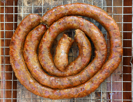 top view of Thai northest cuisine suasage, Sai Ua Moo grilling on tray.の写真素材