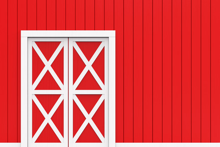 3d rendering. closed white door on red wood panels wall background.の写真素材