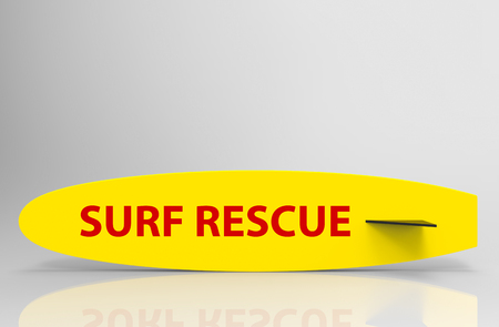 3d rendering. Surf Recue word on yellow surfboard  on gray background.の写真素材