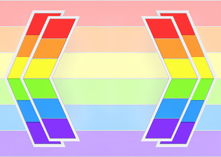 3d rendering. lgbt color trapezoid tile arrow panel on rainbow flag background.