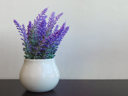 Lavender flowers in white vase with copy space wall background.の写真素材